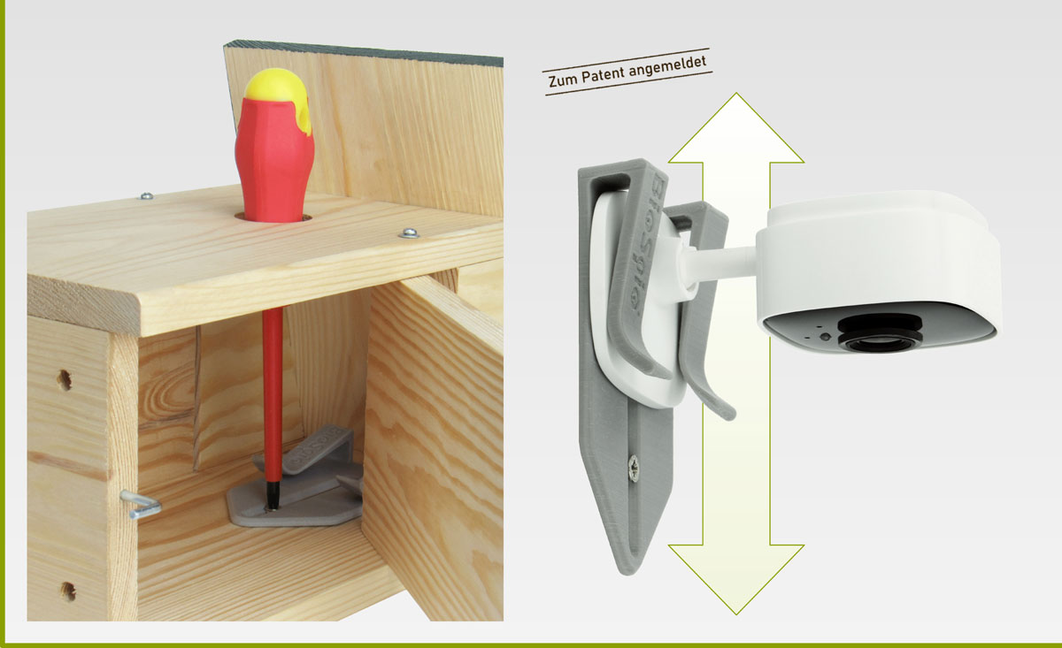 Klammera Halterung für Kamera im Vogelhaus leicht anzuschrauben und Kamera leicht einsetzbar und entnehmbar